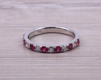 9K ホワイトゴールド 0.18カラット ダイヤモンド＆ルビー 結婚指輪 
