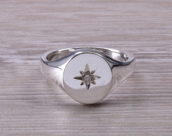 Chunky Oval Faced Diamond Set Signet Ring in Silver - Etsy