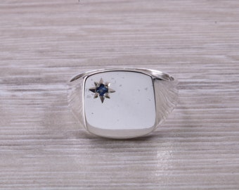 Blue Sapphire set Signet Ring, Made in your Choice of Precious Metals
