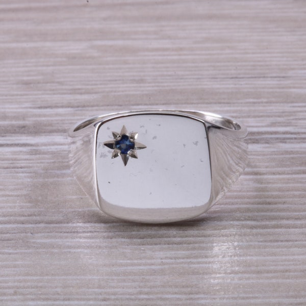 Blue Sapphire set Signet Ring, Made in your Choice of Precious Metals