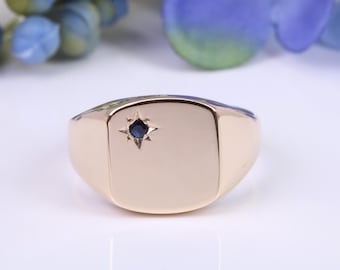 May include: A gold signet ring with a small blue gemstone set in a star shape.