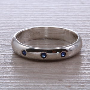 Three Natural Blue Sapphire set Silver Band