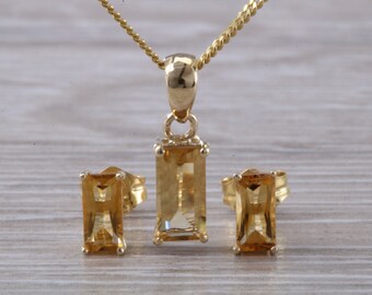 Orecchini con citrino taglio baguette e collana abbinata in oro giallo
