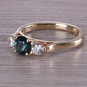 Teal Blue Sapphire and Diamond Trilogy Ring