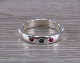 Blue Sapphire and Ruby Silver Band