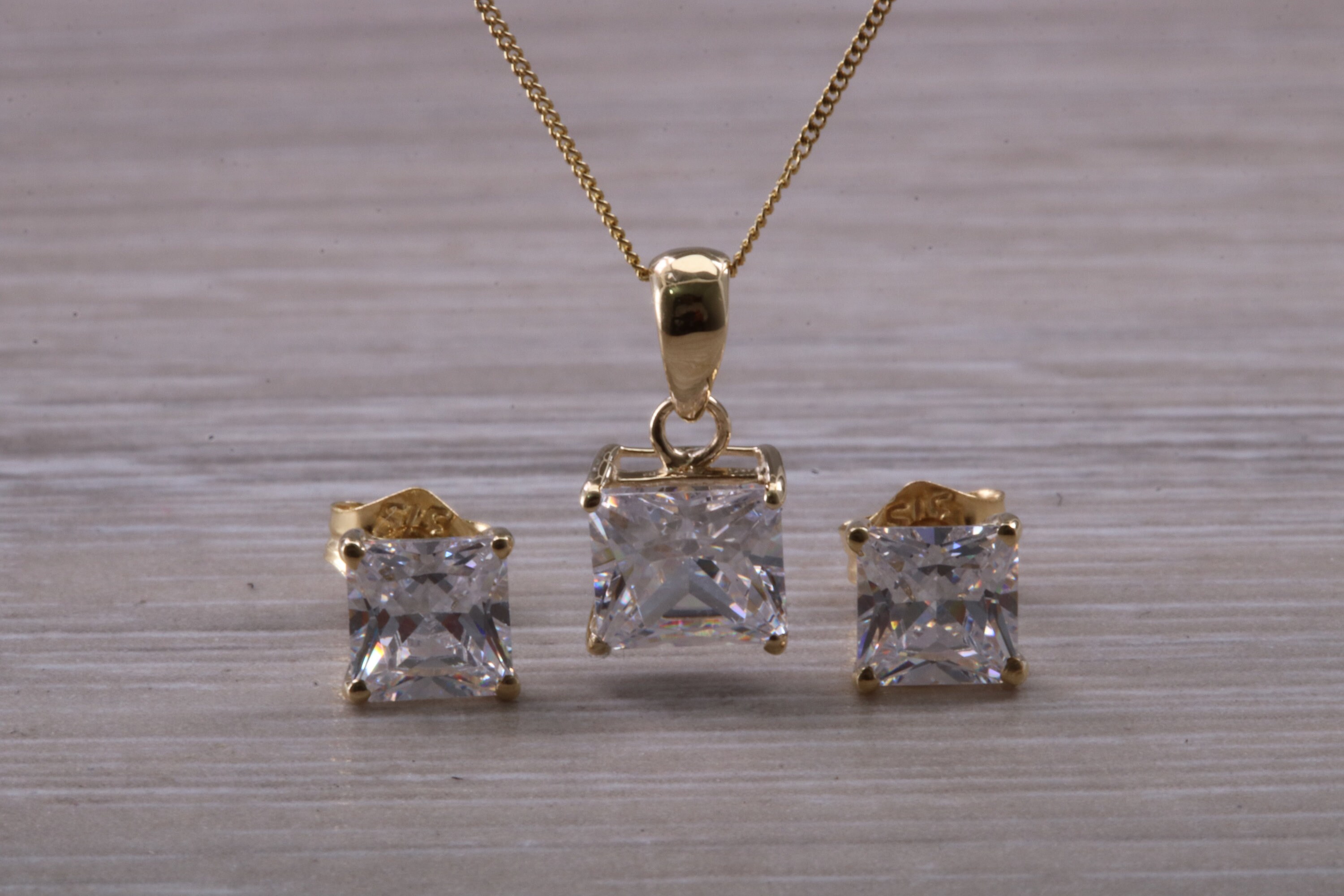 Square Cut Yellow Gold C Z Set Diamond Look Earrings and Square Cut Yellow Gold C Z Set Diamond Look Earrings and