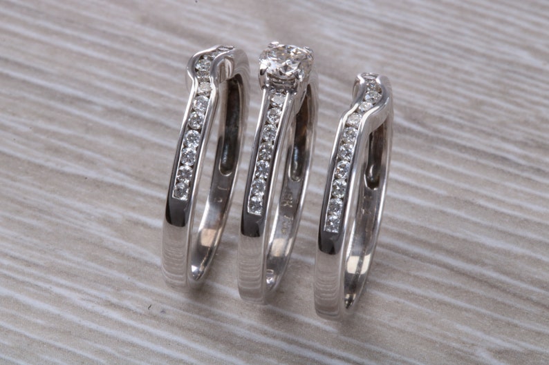 Complete Bridal set Of Three Diamond set Rings, Engagement, Wedding and Eternity Ring image 3