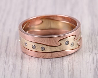 Diamond set Jigsaw Puzzle Ring, 8.50 mm Wide, Made From Solid Gold, Rose Gold and Yellow Gold or Your Choice of Metal Combinations