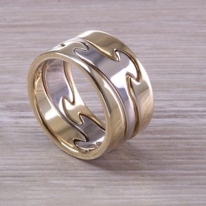 10 mm Wide Jigsaw Puzzle Ring, Solid Two Tone Gold, British Hallmarked