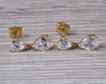 9ct Gold Pear Dropper C Z Stud Earrings