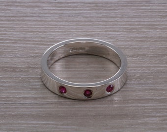 Three Natural Ruby Silver Band, Flat Profile Chunky Ring