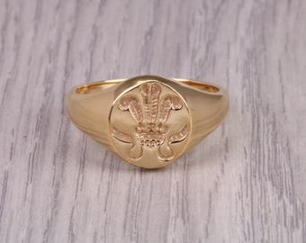Chunky Prince of Wales Feathers Signet Ring, made in your choice of precious metal, British Hallmarked