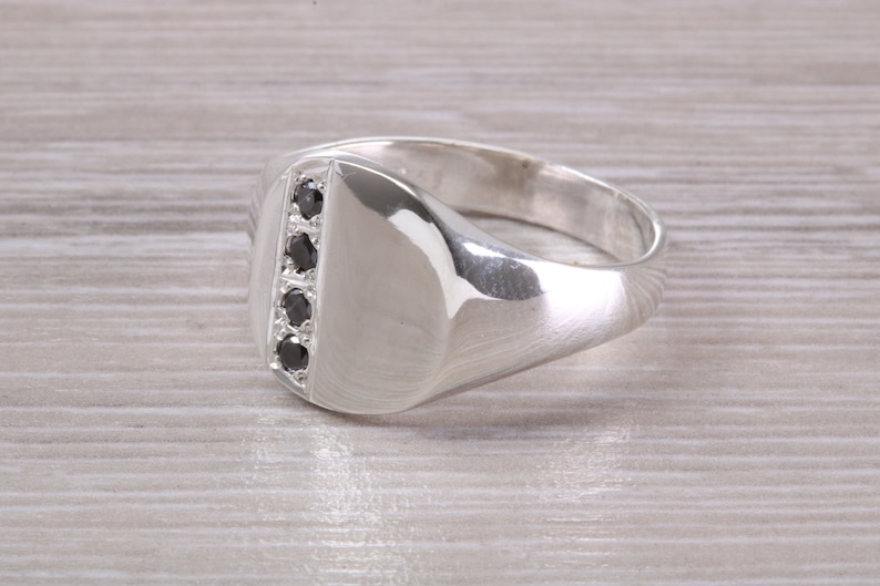 Four Natural Black Diamonds set Signet Ring image 2