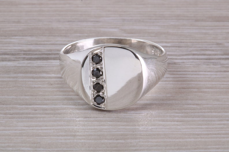 Four Natural Black Diamonds set Signet Ring image 1