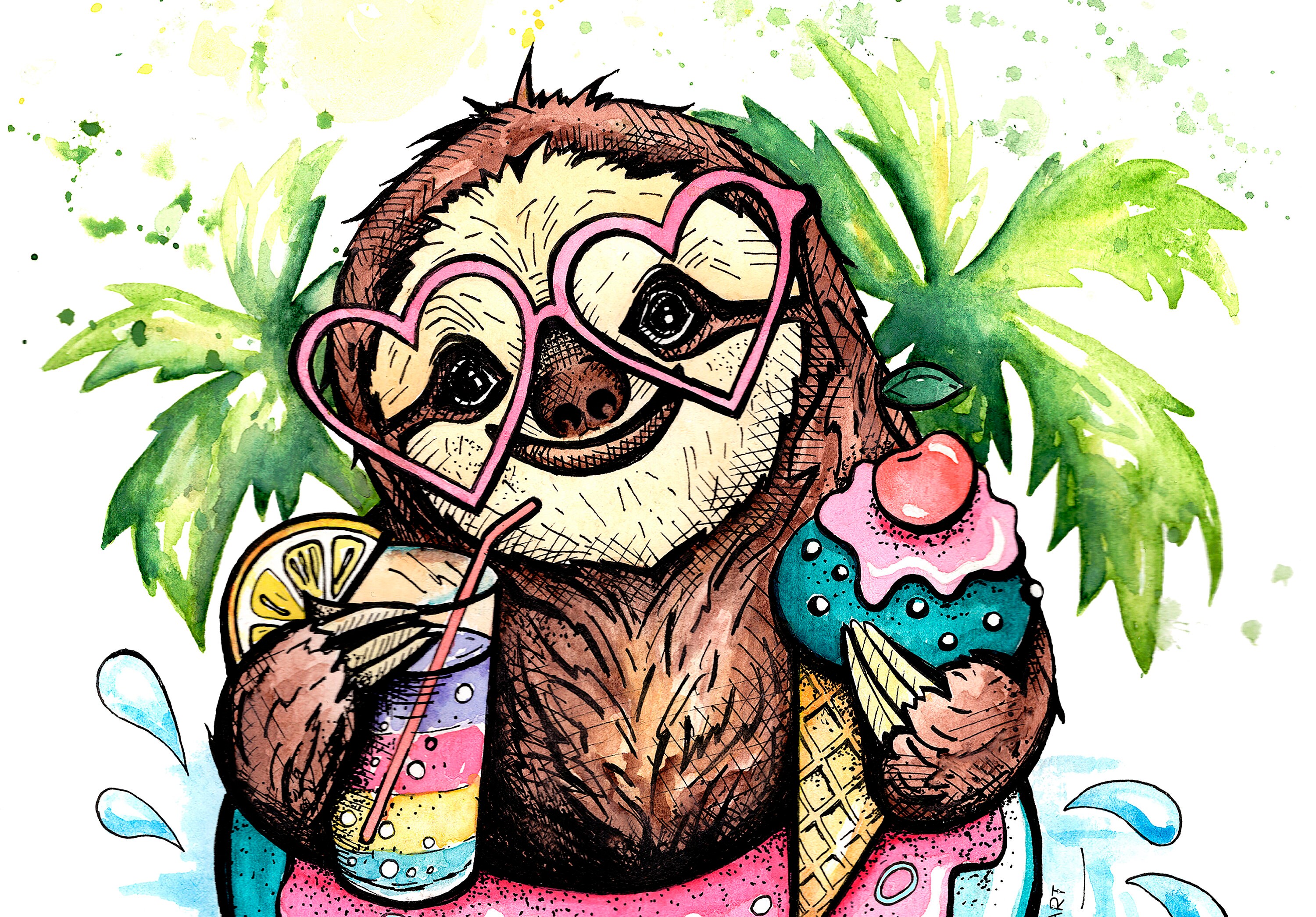 Cute sloth watercolor painting Digital download Sloth summer | Etsy
