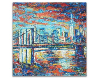 Brooklyn Bridge New York City Skyline painting Abstract Cityscape wall art City sunrise painting Miniature painting made with palette knife