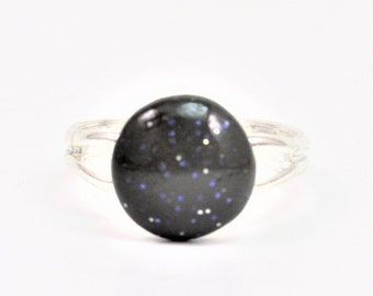 Black sparkle ring, adjustable ring, blue goldstone, polymer clay,  gothic ring, galaxy ring