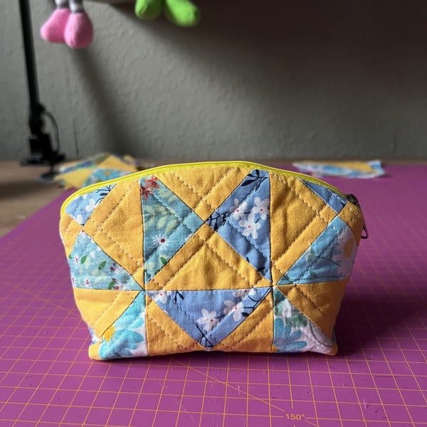 Quilted patchwork zippered pouch/ makeup bag