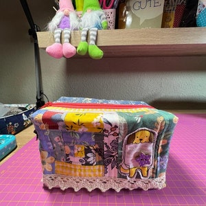 Patchwork quilted zippered box pouch/ makeup bag