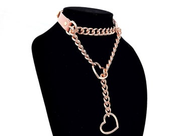 Made-to-Order *Rose Gold* Slip Chain Heart Ring Faux-Leather Buckle Collar - Petplay Kittenplay Puppyplay Choker Kemonomimi DDLG Cosplay