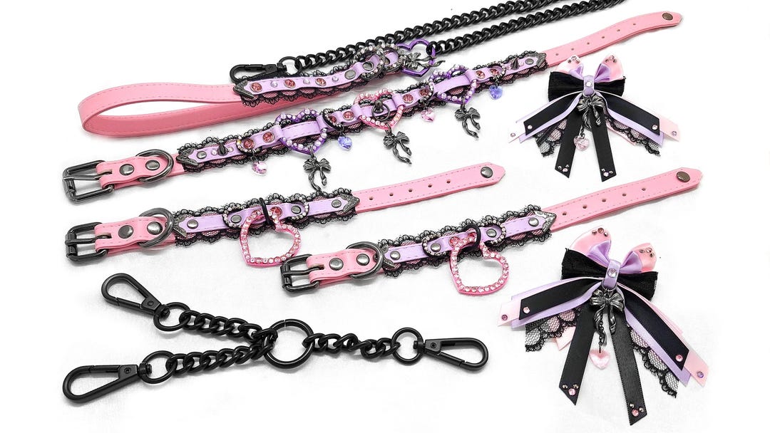 12.5-15" "coquette Brat" Faux-leather Buckle Collar, Cuff, Leash, and Bow Set (ready to Ship) - Kittenplay Choker Cosplay Kemonomimi - Etsy