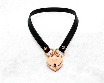 Made-to-Order Front Locking Heart Padlock Faux-Leather Collar - Petplay Kittenplay Puppyplay Choker Kemonomimi DDLG Cosplay