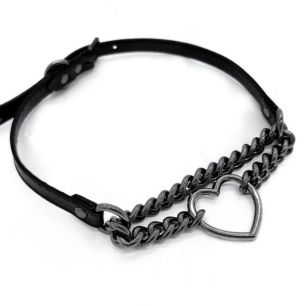 Made-to-Order *Gunmetal* Martingale Heart Ring Faux-leather Buckle Collar - Petplay Kittenplay Puppyplay Choker Kemonomimi DDLG Cosplay