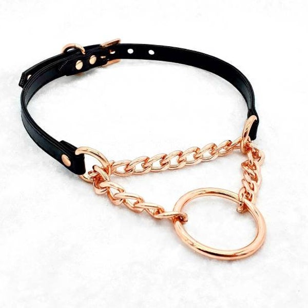 Made-to-Order *Rose Gold* Large O-ring Martingale Faux-Leather Buckle Collar - Petplay Kittenplay Puppyplay Choker Kemonomimi DDLG Cosplay