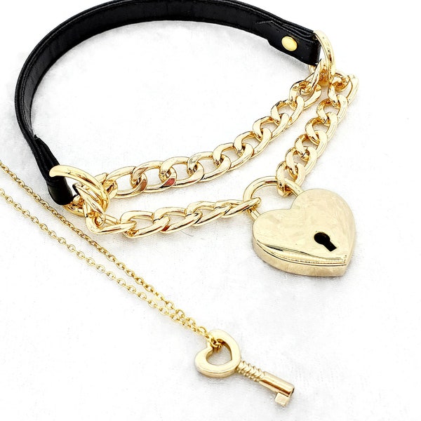 Made-to-Order *Gold* Front Locking Heart Padlock Martingale Faux-Leather Buckle Collar - Petplay Kittenplay Puppyplay Choker Kemonomimi