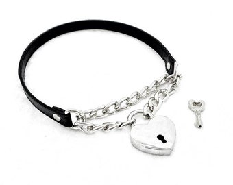 Made-to-Order Front Locking Heart Padlock Martingale Faux-Leather Buckle Collar - Petplay Kittenplay Puppyplay Choker Kemonomimi Cosplay