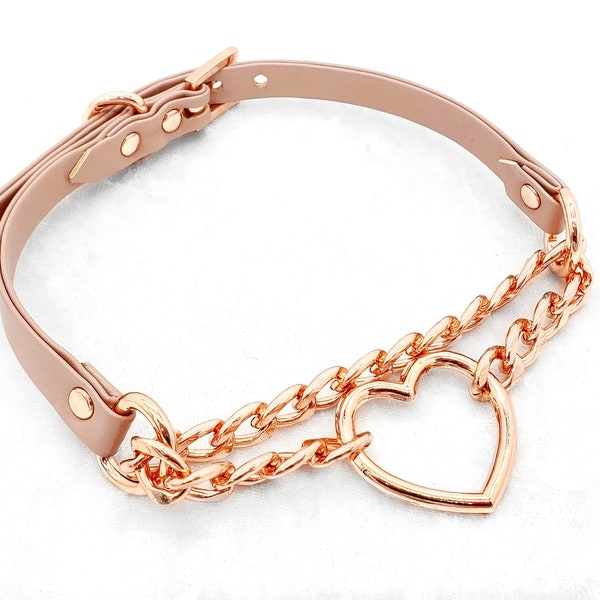 Made-to-Order *Rose Gold* Martingale Heart Ring Faux-leather Buckle Collar - Petplay Kittenplay Puppyplay Choker Kemonomimi DDLG Cosplay