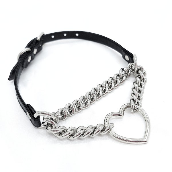 Made-to-Order *Silver* Martingale Heart Ring Faux-leather Buckle Collar - Petplay Kittenplay Puppyplay Choker Kemonomimi DDLG Cosplay