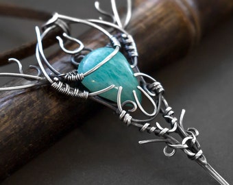 Elwen jewelry | Thin Silver necklace with mint color amazonite stone | Sterling silver wirework pendant | Artarina