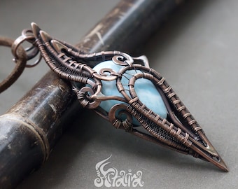 Larimar wire wrap pendant | Pagan Dryad jewelry | Druid green witch necklace