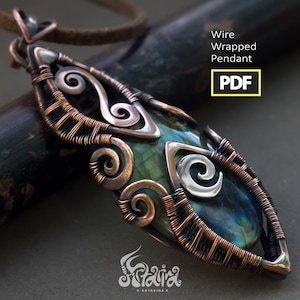 May include: A copper wire wrapped pendant featuring a green and blue gemstone. The pendant is suspended from a brown leather cord. The text "Wire Wrapped Pendant PDF" is visible in the image.