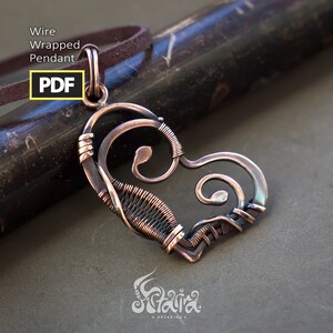 May include: A copper wire wrapped heart pendant with a swirl design. The pendant is on a brown leather cord. The text "PDF" is visible in the image.