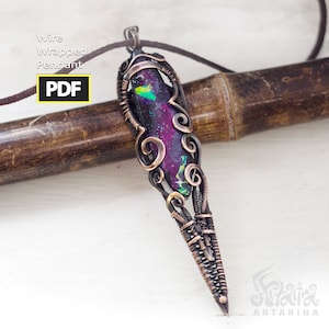 May include: A wire-wrapped pendant with a dark purple, iridescent stone. The pendant is encased in copper-colored wire with decorative swirls and a woven bottom. The text "Wire Wrapped Pendant PDF" is in the upper left corner.