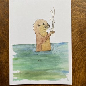 Belle carte de vœux à l’aquarelle {blank} faite par l’artiste enfant: Otter Coffee Date
