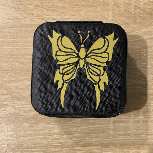 Black jewellery box with gold butterfly, travel jewellery box, butterfly jewellery box, square jewellery box.