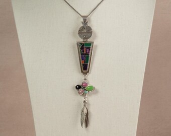 Paula Leekity Sterling Silver Gemstone Kachina Doll Brooch/Pendant 15.7x2.7cm Native American First Nation Southwest Indian Jewelry