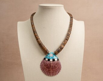 Vintage Santo Domingo Graduated Heishi Beaded Necklace Turquoise Coral Mosaic inlay Oyster Shell Necklace 19.3"