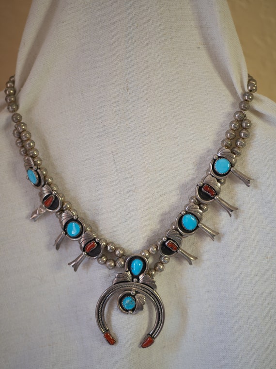 Native American Early Rare Vintage Zuni Turquoise Sterling Silver Squahs Blossom Necklace Native American Early Rare Vintage Zuni Turquoise Sterling Silver Squahs Blossom Necklace