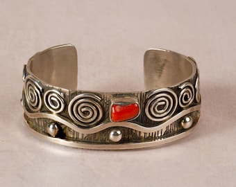 Alex Sanchez Red Coral Sterling Silver Bracelet Cuff, Length 5.5", Width .88", Gap "1.13", Navajo Native American First Nations Southwest