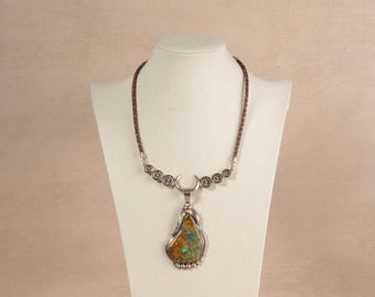 Kingman Turquoise Sterling Silver Pendant on Brown Leather Concha Necklace Native American First Nations Southwest Indian