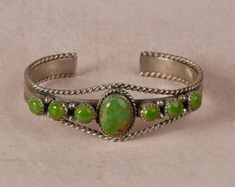 Green Turquoise Sterling Silver Bracelet Cuff Length 5.5", Width .75", Gap .88", Weight .9oz Native American First Nations Southwest Jewelry