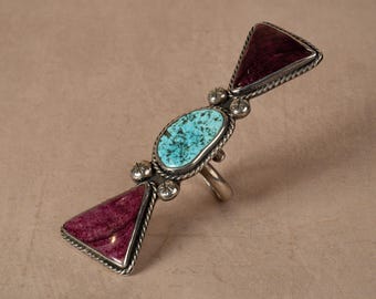 Vintage Navajo Style Sterling Silver Turquoise and Purple Spiny Oyster Statement Ring, Native American Southwestern Elongated Ring Size 8