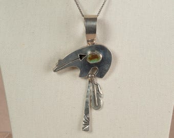 Native American Sterling Silver Turquoise Bear Effigy Pendant, First Nations, Southwest, Indian Jewelry, 11cm x 5.7cm, including bail