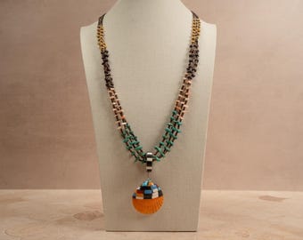 Vintage Santo Domingo Beaded Fetish Turquoise, Coral, and Mosaic Inlay Oyster Shell Necklaces 28-36", Pendant Length 3.13" & Width 1.63"
