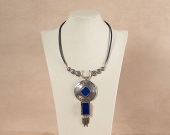 Lapis Lazuli Sterling Silver Pendents (5") on Blue Leather Concha Necklace (16.5-19") Native American First Nations Southwest Indian