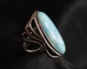 Sterling Silver 925 NK Thailand Ring with Larimar Setting, Size 7.5, 1.25"L x .5"W, Native American First Nations Southwest Indian Jewelry